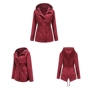 Women hoodie waist laces outdoor trench coat with pockets