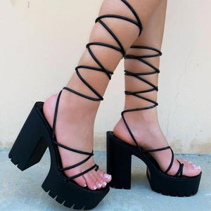 Women criss cross strappy lace up platform chunky heels