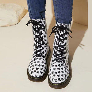 Women fashion printed chunky platform lace up booties