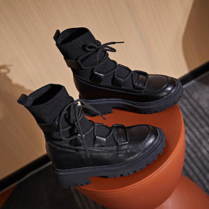 Women knit chunky heel platform lace up black short motorcycle boots