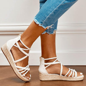Women peep toe woven criss cross strap summer espadrille sandals