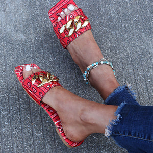 Women square peep toe chain d¨¦cor strap flat slide sandals