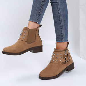 Women studded buckle strap chunky heel slip on short boots