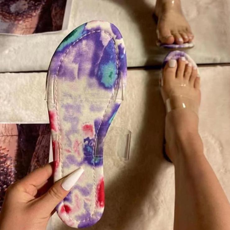 Women tie-dyed clear two strap 
slide flat sandals