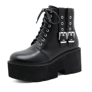 Women motorcycle platform lace up side zipper short black boots