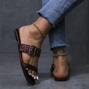 Women two strap buckle studded casual slide flat sandals