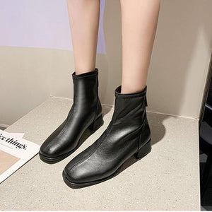 Women chunky heel back zipper short square toed boots