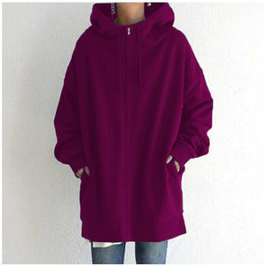 Women long plain street zip up hoodie with pockets