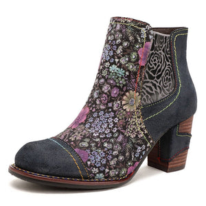 Womens fashion short flower embroidered chunky heeled boots