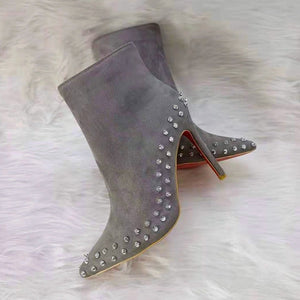Women short pointed toe side zipper studded stiletto heeled boots