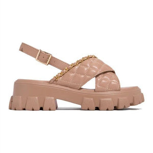 Women chain d¨¦cor criss cross peep toe ankle strap slingback platform sandals
