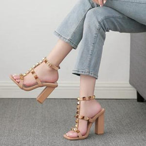 Women peep toe studded strap ankle strap chunky heels