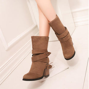 Women chunky high heel buckle strap slip on mid calf boots