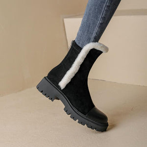 Women chunky heel platform faux fur short winter boots