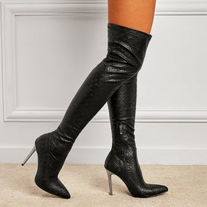 Women stiletto high heel pointed toe plaid embossed knee high boots
