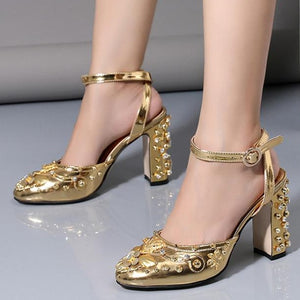 Women chunky studded ankle buckle strap closed toe heels