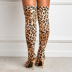 Women over the knee stiletto pointed toe leopard print boots