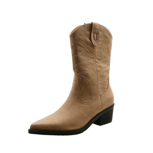 Women retro embroidered chunky heel pointed toe cowboy boots