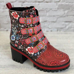 Women chunky heel flowers printed buckle strap short red boots