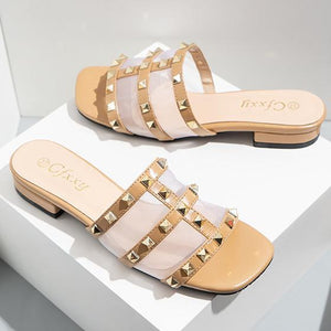 Women square toe studded strap slide sandals