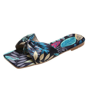 Women leaves printed bow strap square peep toe slide sandals