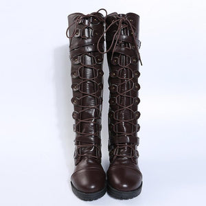 Women knee high chunky heel buckle strap lace up boots