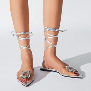 Women rhinestone clear pointed toe slingback strappy lace up sandals