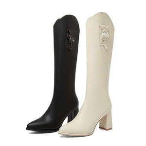 Women pointed toe chunky high heel slim fit knee high boots