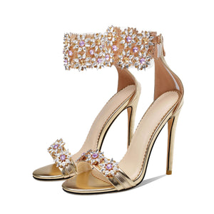 Women peep toe floral rhinestone strap stiletto heels