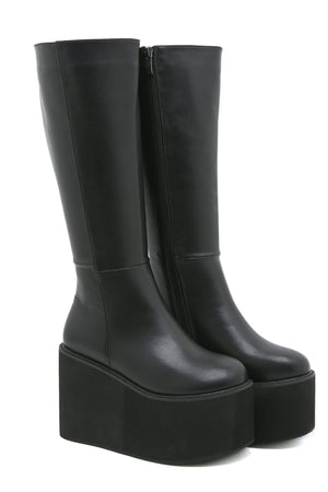 Women knee high solid color black side zipper chunky platform boots