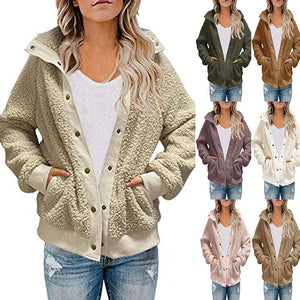 Women winter long sleeve standing collar buttons faux fur coat