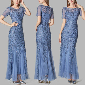 Premium flroal sequins mesh patchwork short sleeves mermaid maxi dress | Luxury evening gowns cocktail party dress