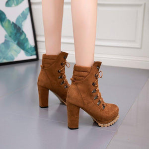 Women studded lace up platform chunky heeled booties