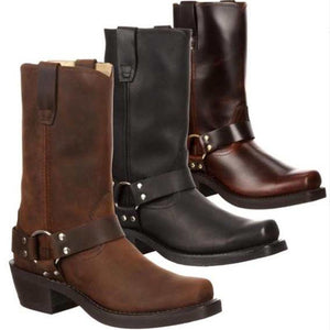 Women buckle strap martin chunk heel mid calf boots