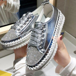 Women glitter rhinestone color block lace up stitching platform sneakers