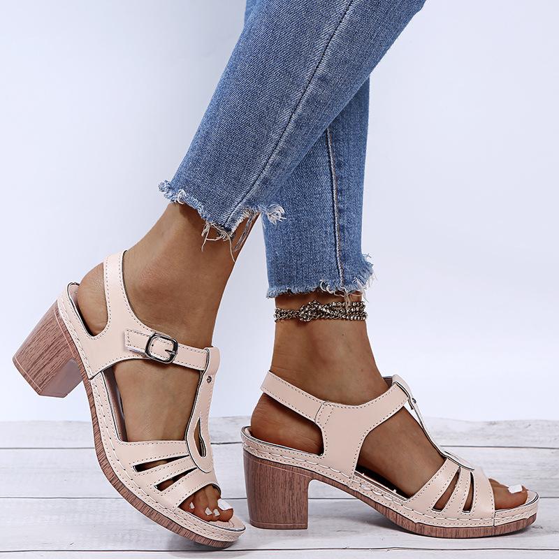 Women summer peep toe buckle ankle strap chunky sandals