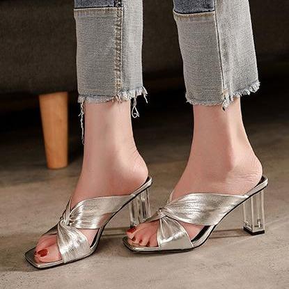 Women square peep toe bowknot slip on clear chunky heels