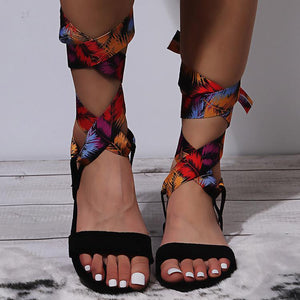 Women peep toe slingback casual flat lace up strappy sandals