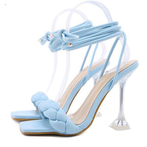 Women woven square peep toe strappy lace up high heels