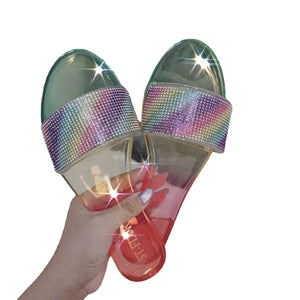 Women peep toe sparkly rhinestone strap slides jelly sandals