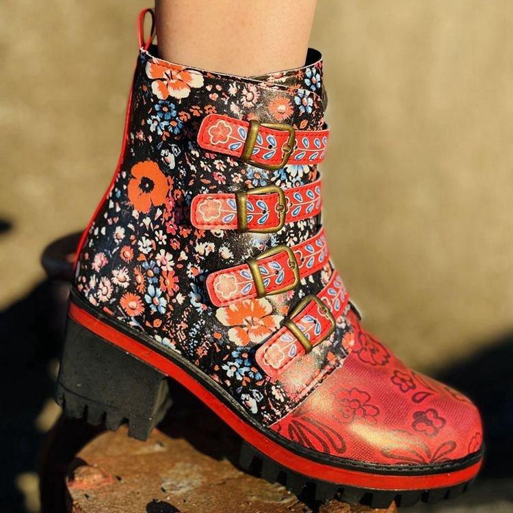 Women chunky heel flowers printed buckle strap short red boots