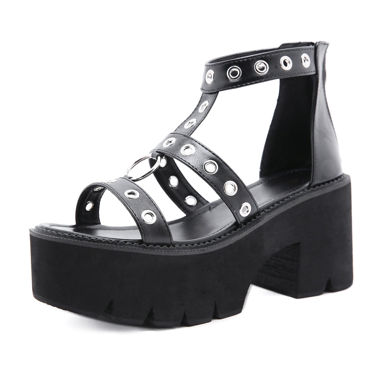 Women hollow studded strap 
chunky platform metal ring 
roman sandals
