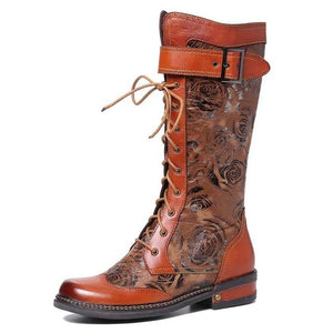 Women retro flower buckle strap lace up mid calf boots
