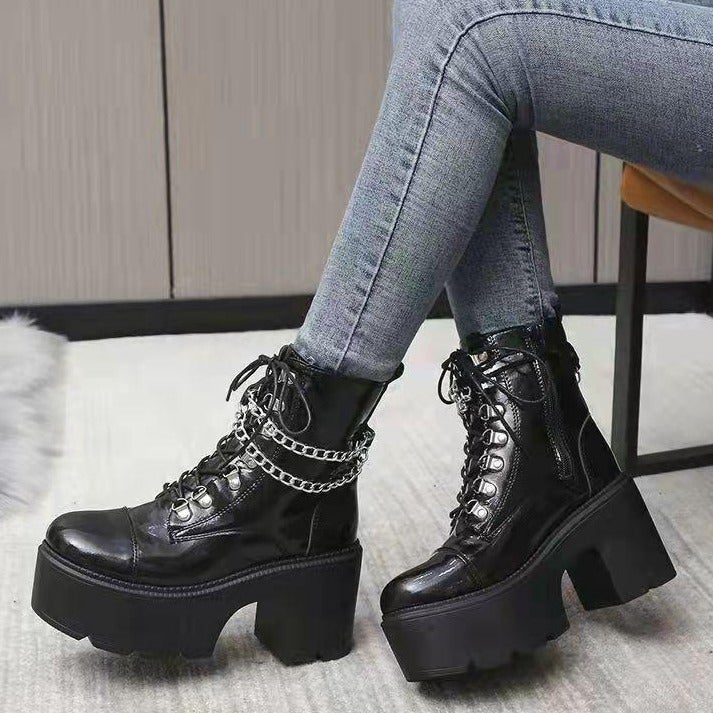 Women short black punk chain  lace up chunky heel platform boots