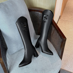Women pointed toe chunky high heel slim fit knee high boots