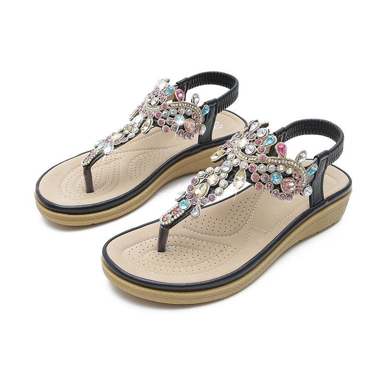 Women bohemian rhinestone ankle strap clip toe flat sandals