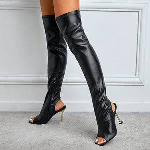 Women slim fit square peep toe slingback stiletto side zipper over the knee boots