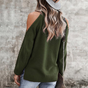 Women off shoulder slit hem solid color cable knit sweater