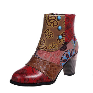 Women retro flowers printed side zipper chunky high heeled booties