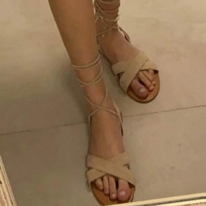 Women criss cross peep toe strappy lace up flat sandals